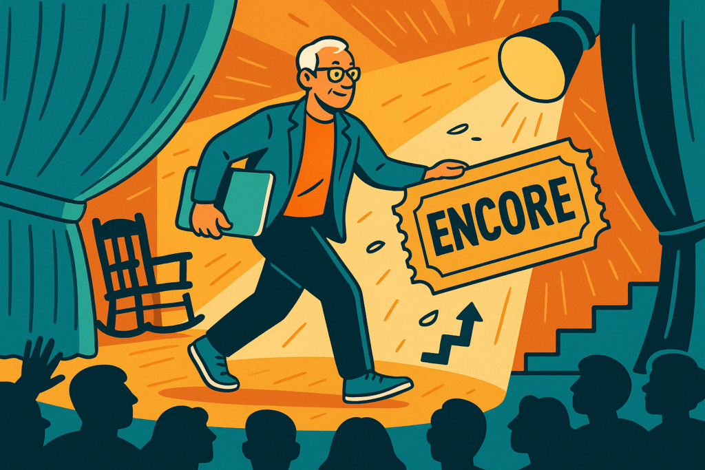 cartoon illustration of a middle aged man on stage representing "your encore moment"