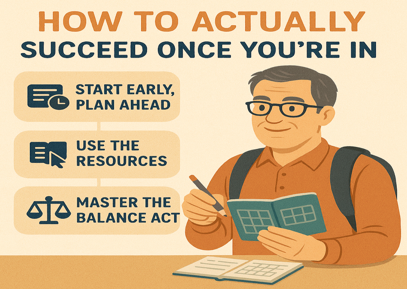 Cartoon that says "how to succeed in your back to school journey" with cartoon of man with pencil and notepad.
