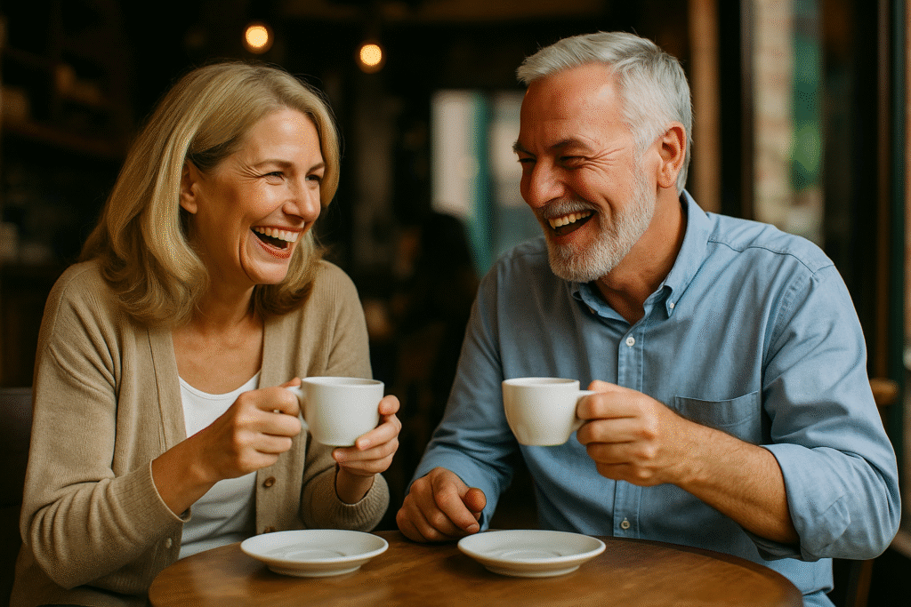 Smiling mature couple sharing coffee on a first date.