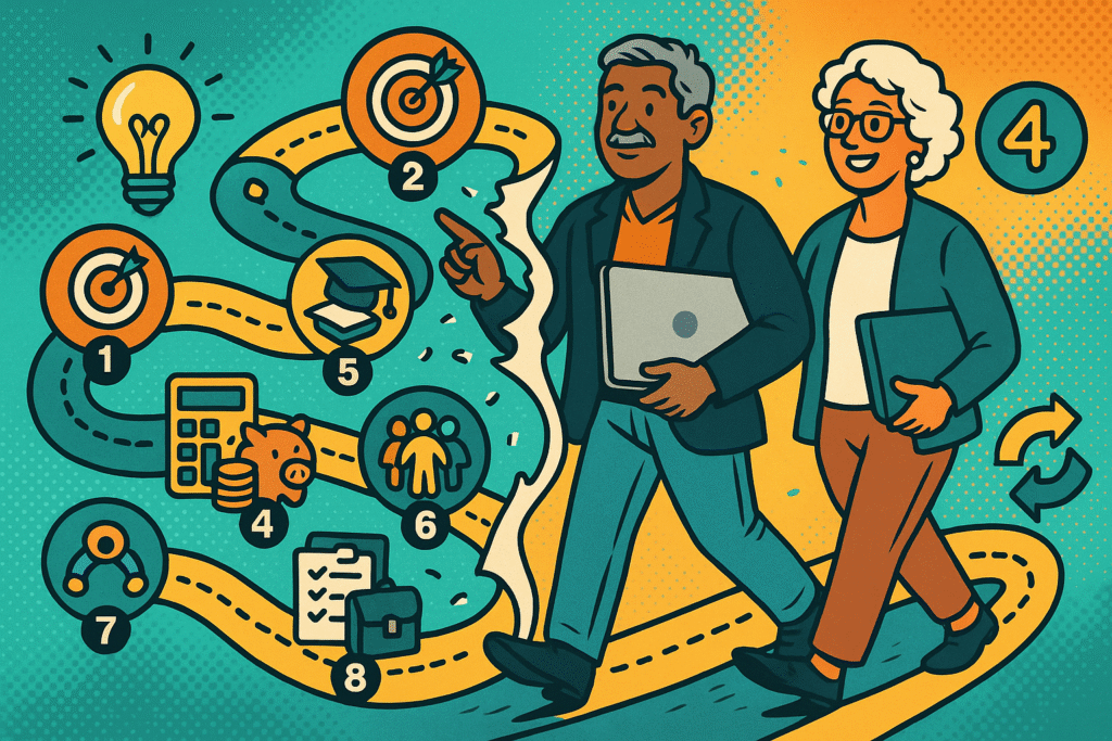 cartoon illustration of a senior man and woman for your second act blueprint