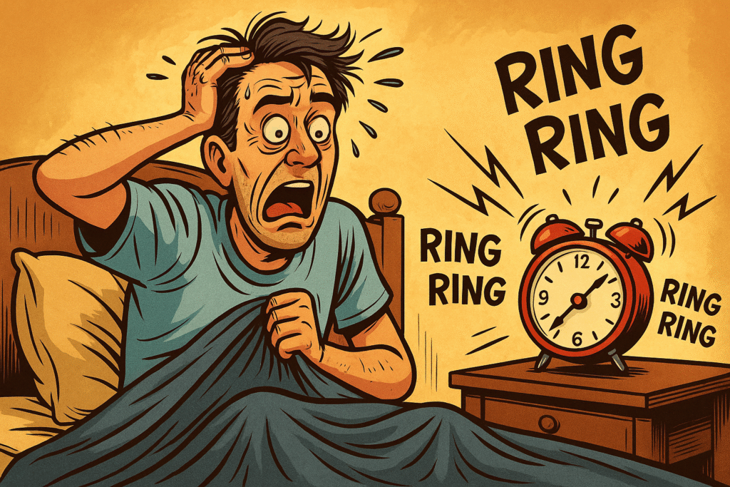 cartoon of man shocked awake by alarm clock