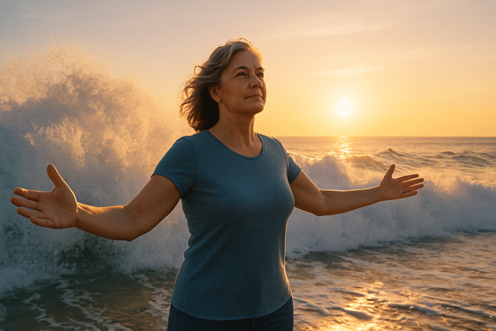 mid 50s woman in peaceful pose