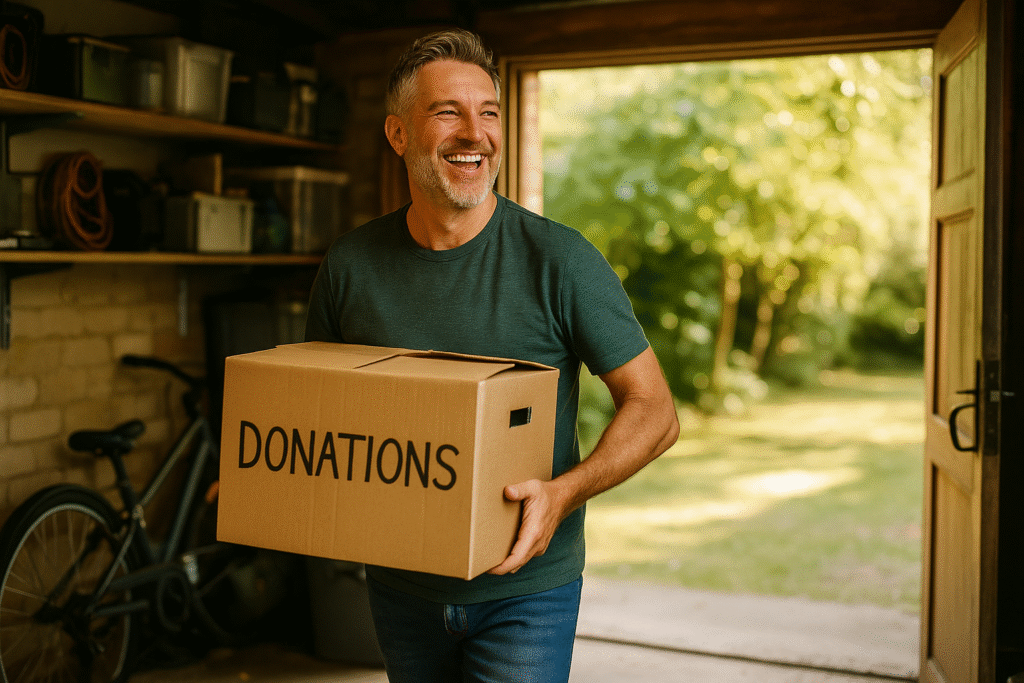 50 something year old man smiling while holding a box as he cleans out his garage
