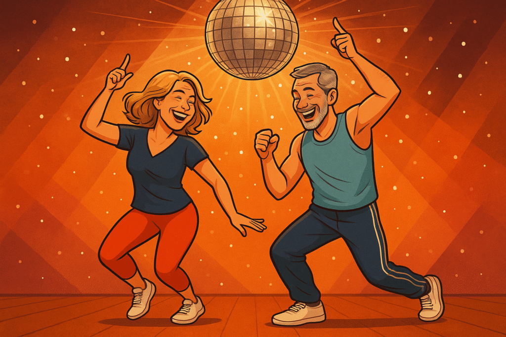 cartoon of man and woman in their 50's dancing under a disco ball