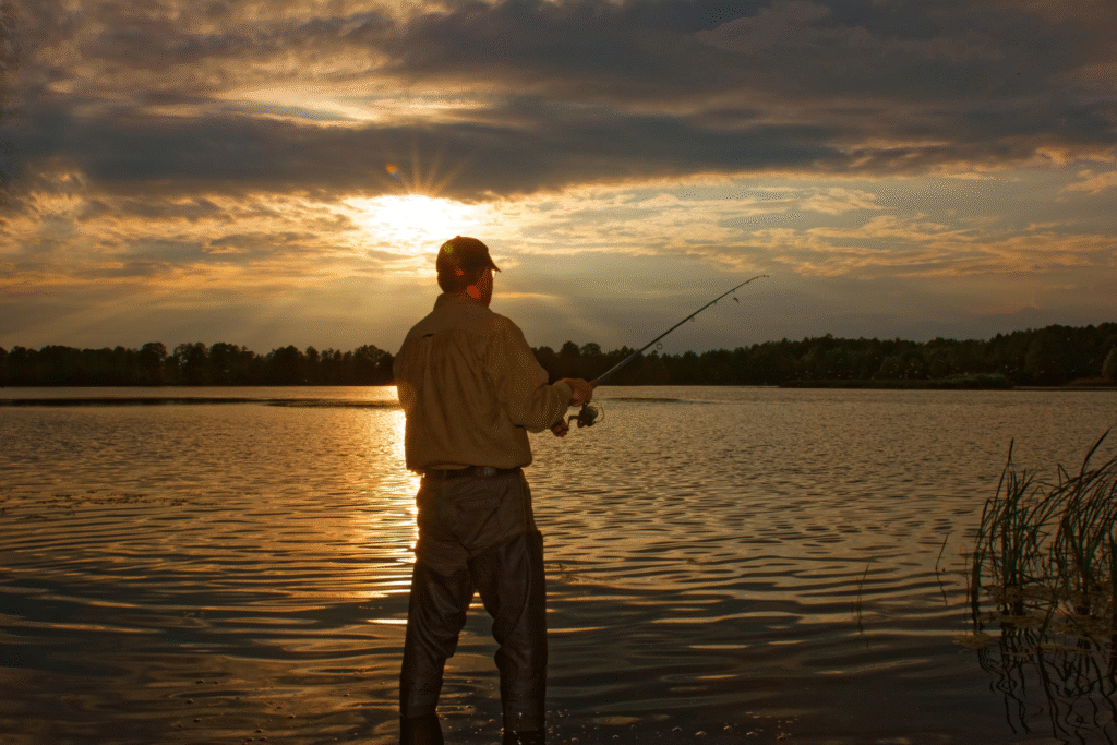man fishing on a quiet lake while the sun is rising