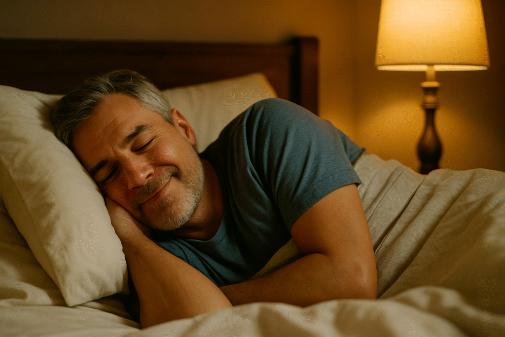 50 something year old man happily sleeping in his bed