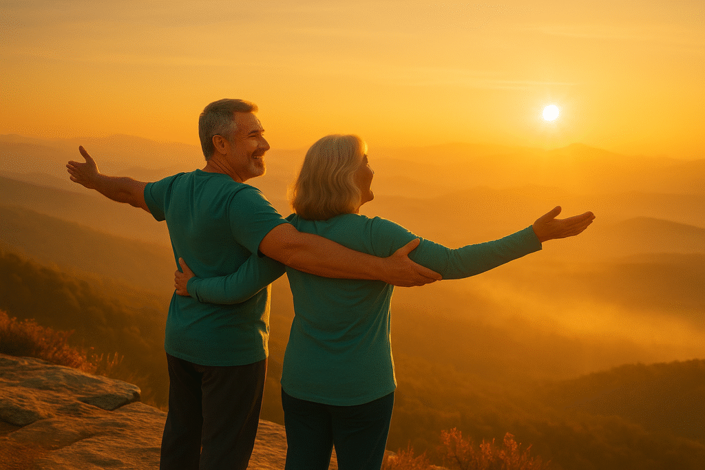 a mid 50's mana nd woman standing on top of a mountain pain free