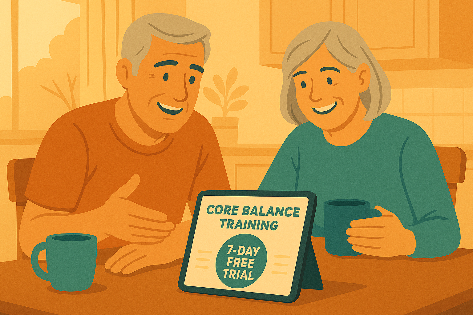 Man and woman in their 60's looking at the core balance training guarantee