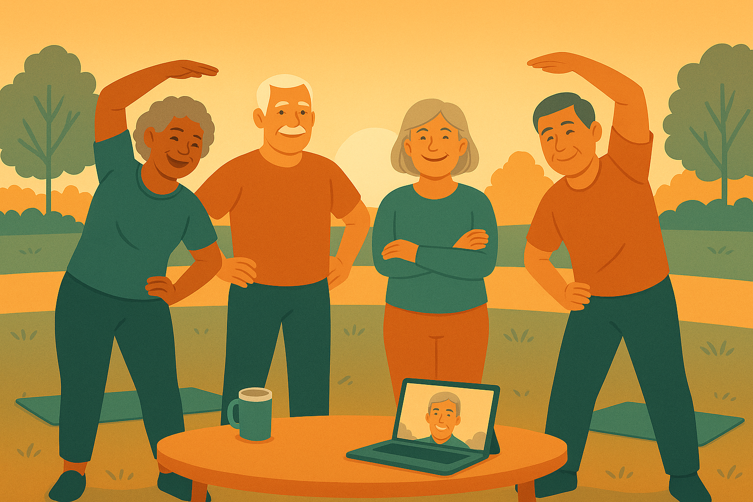 Cartoon image with four active and happy seniors