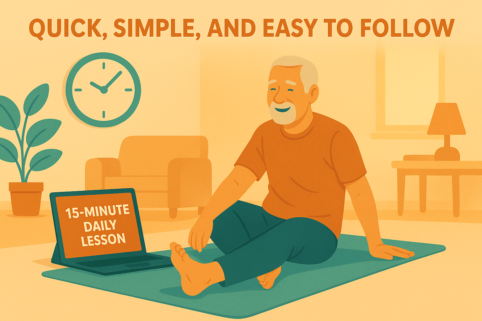 Man in his 60's on a yoga mat doing a stretch with captions Quick, Simple and Easy to Follow