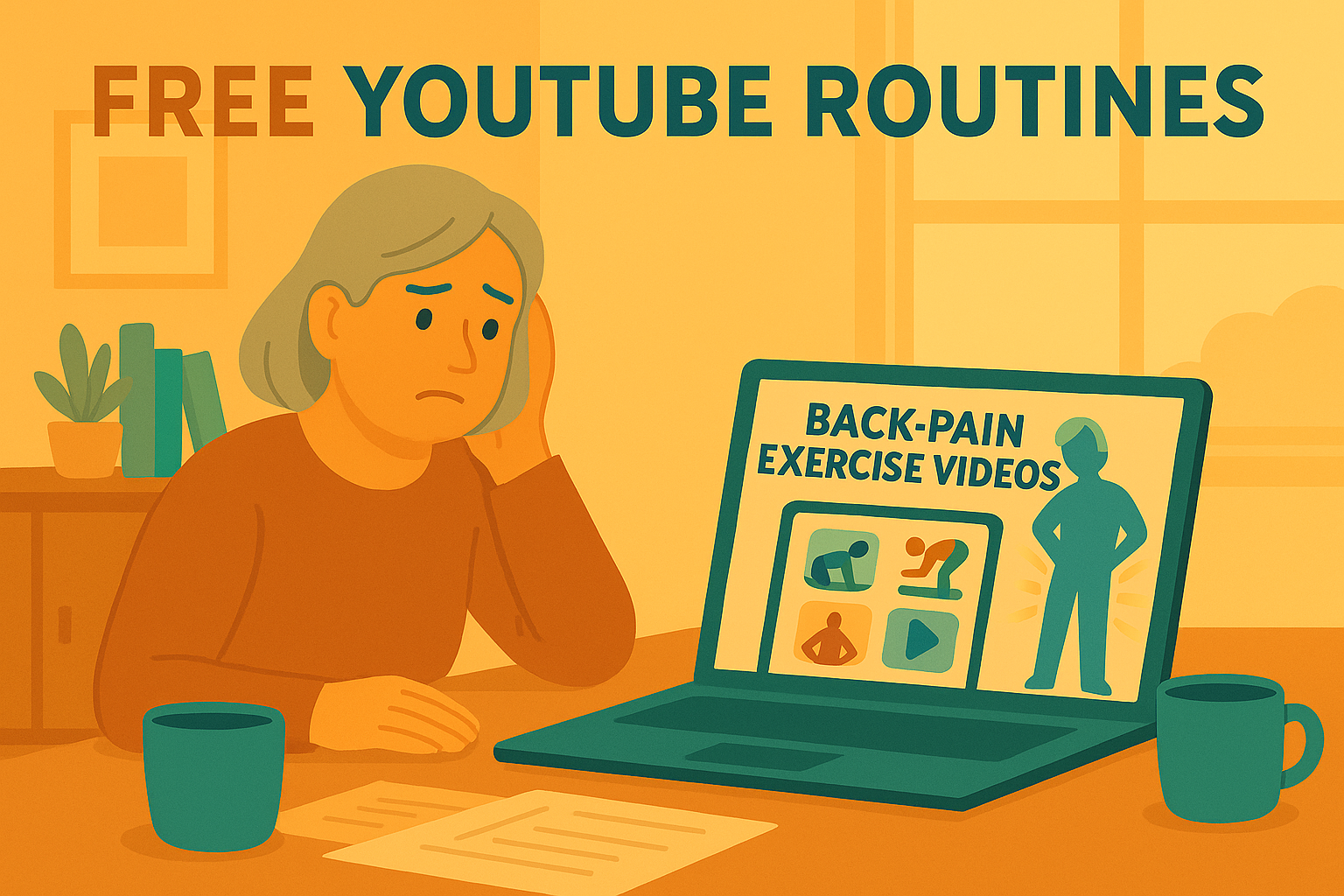 Illustration of a frustrated senior woman watching youtube routines
