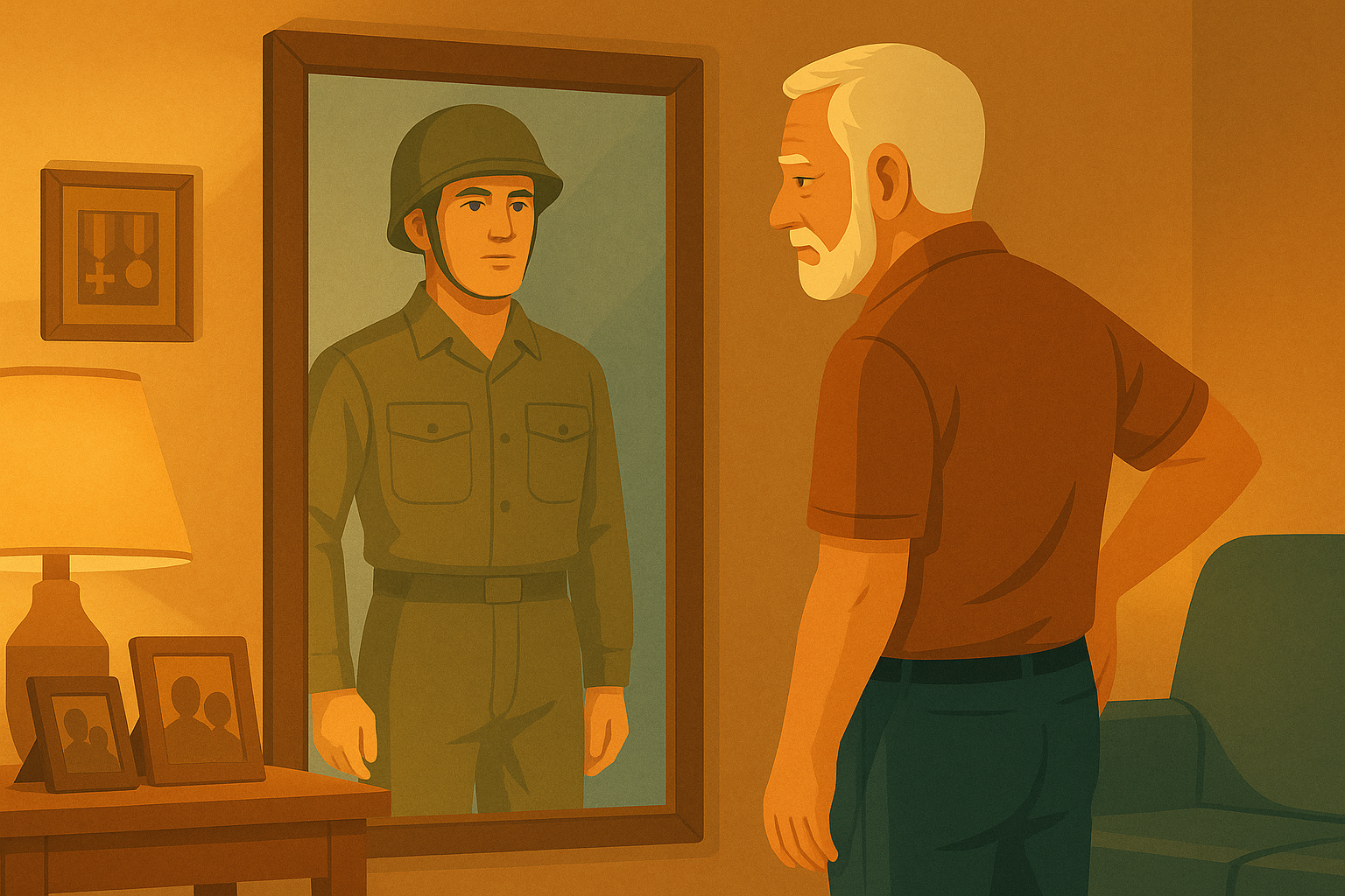 old man looking at his younger self in the mirror