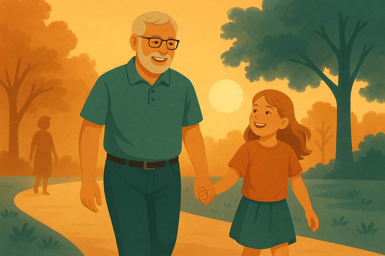 Illustration of an older man walking with his granddaughter