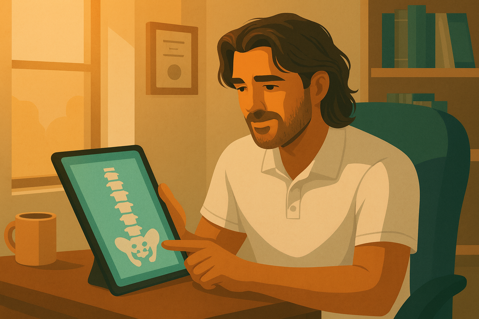 Illustration of Dr Ryan Peebles looking at a picture of a spine