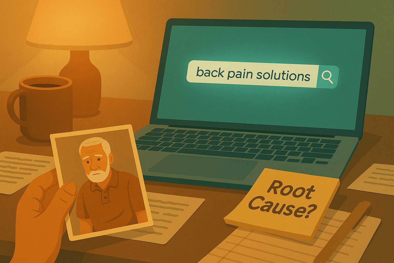 a computer with a google search opened saying "back pain solutions"