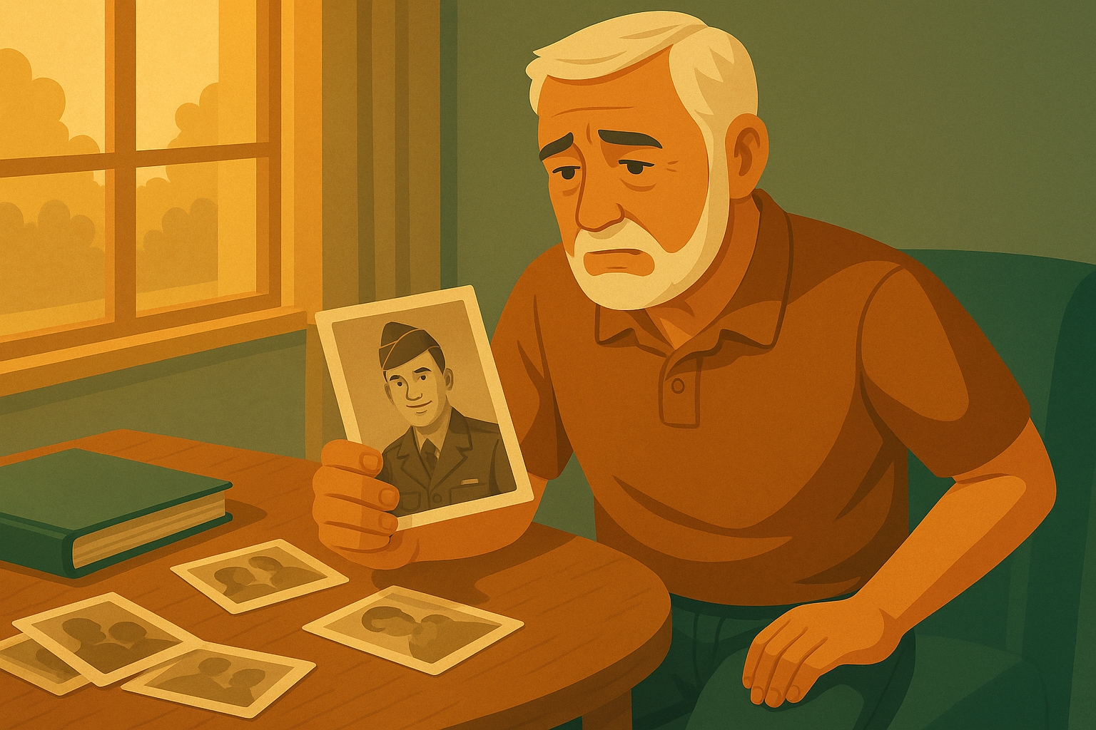 illustration of a older man in pain looking at an old photo of himself