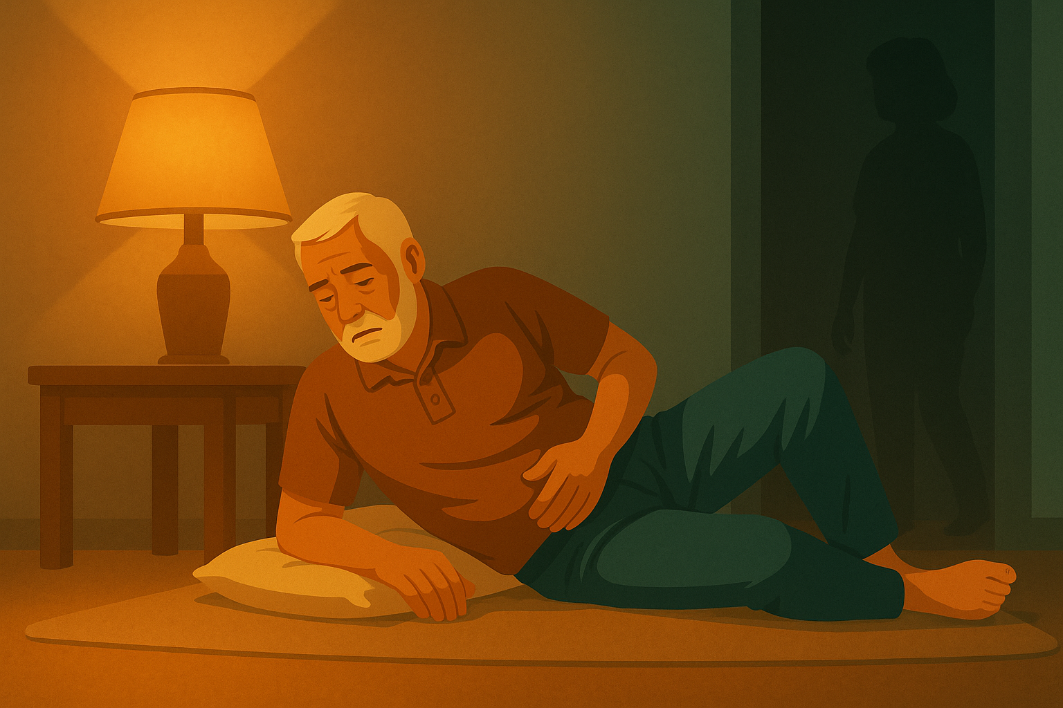 Illustration for an older man lying on the floor trying to get relief from back pain
