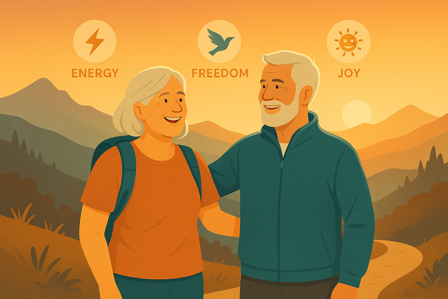 Illustration of a smiling couple in their 60s standing on a mountain trail at sunrise, bathed in orange and teal light, with icons for “Energy,” “Freedom,” and “Joy” in the glowing sky.
