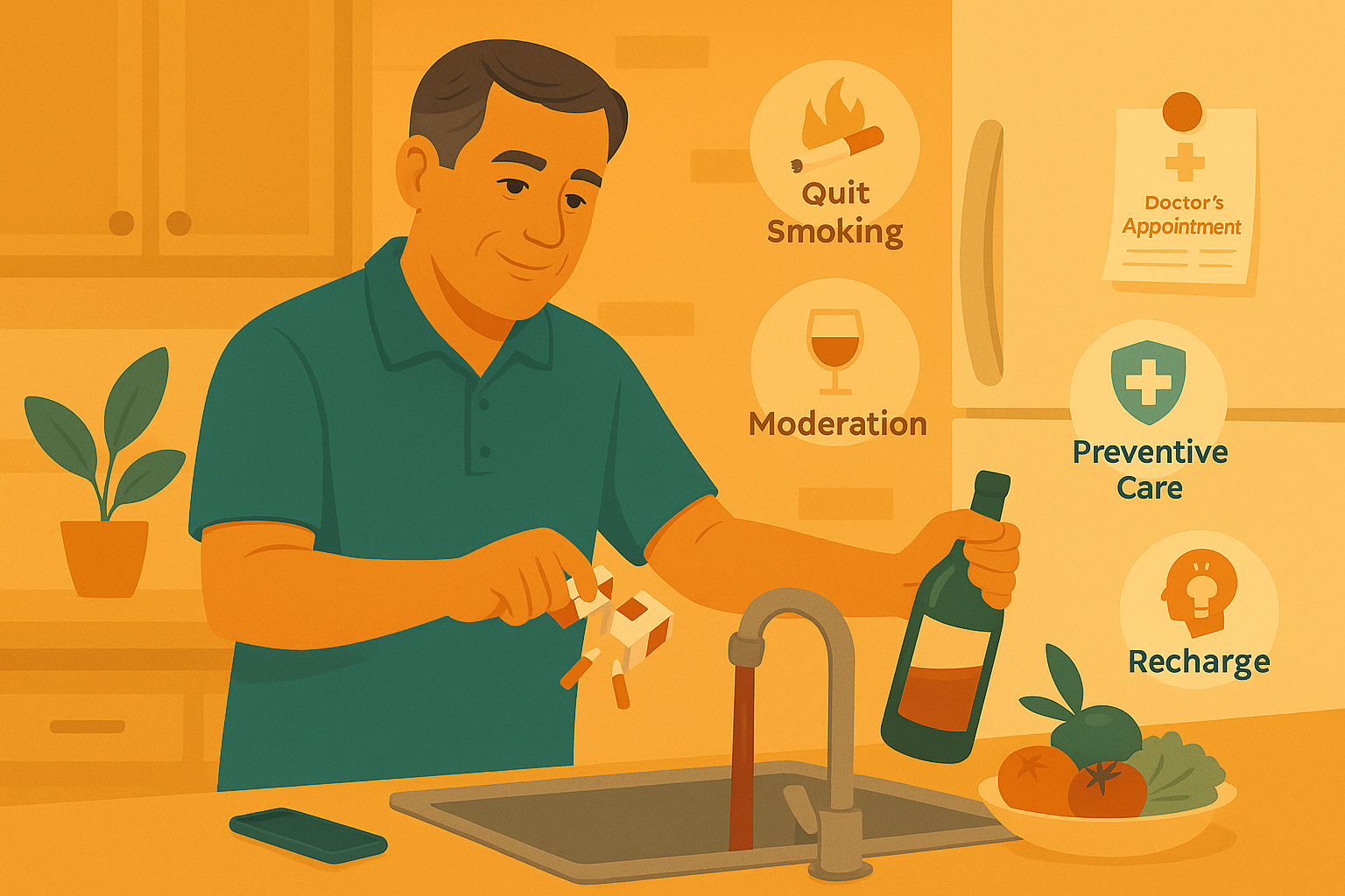 Illustration of a man in his 50s standing in his kitchen, tearing up a cigarette pack while pouring wine down the sink, with a doctor’s appointment card on the fridge and icons for “Quit Smoking,” “Moderation,” and “Preventive Care.”