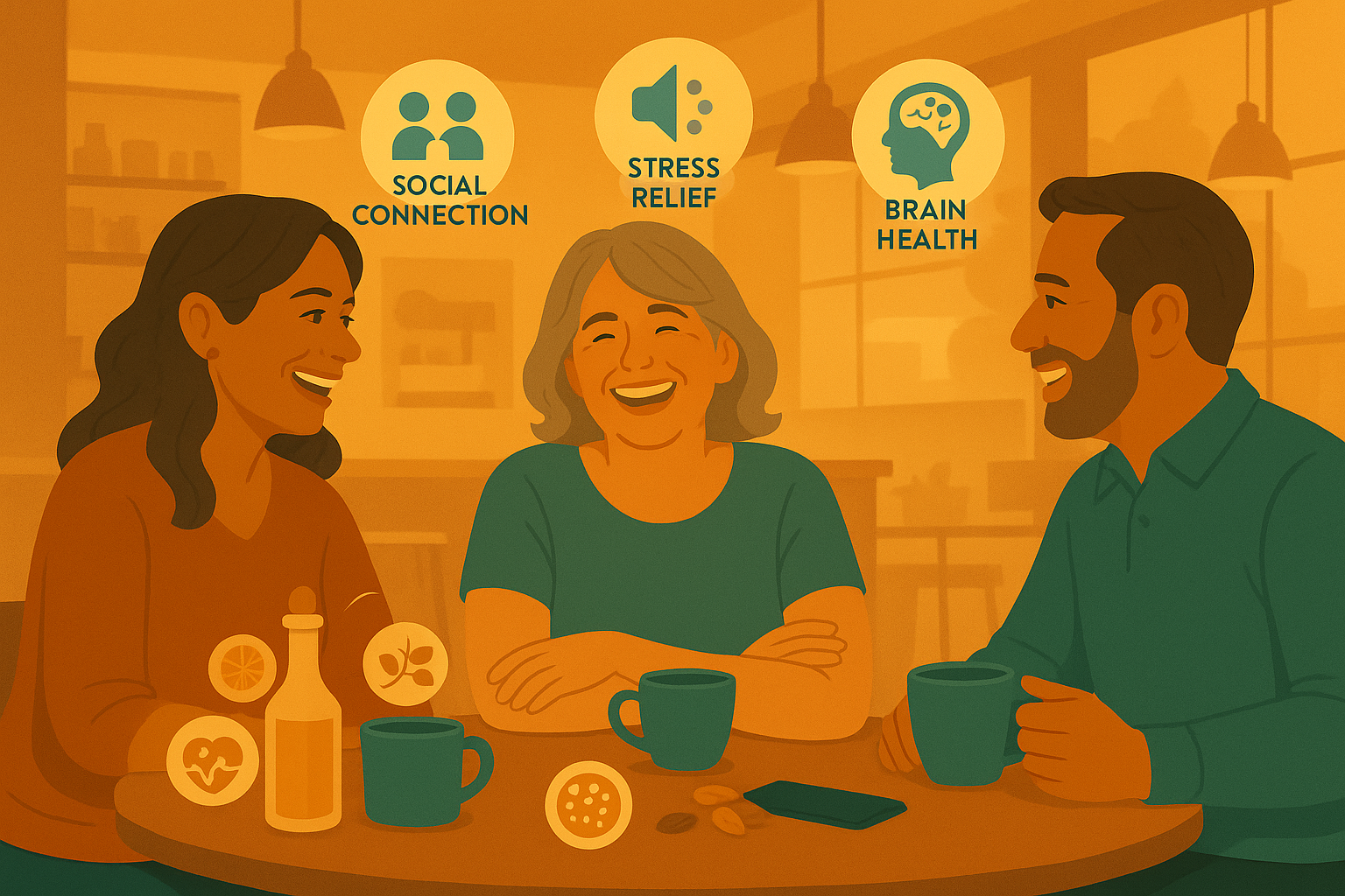 Illustration of three friends in their 50s laughing together over coffee at a cozy café, with icons showing “Social Connection,” “Stress Relief,” and “Brain Health.”
