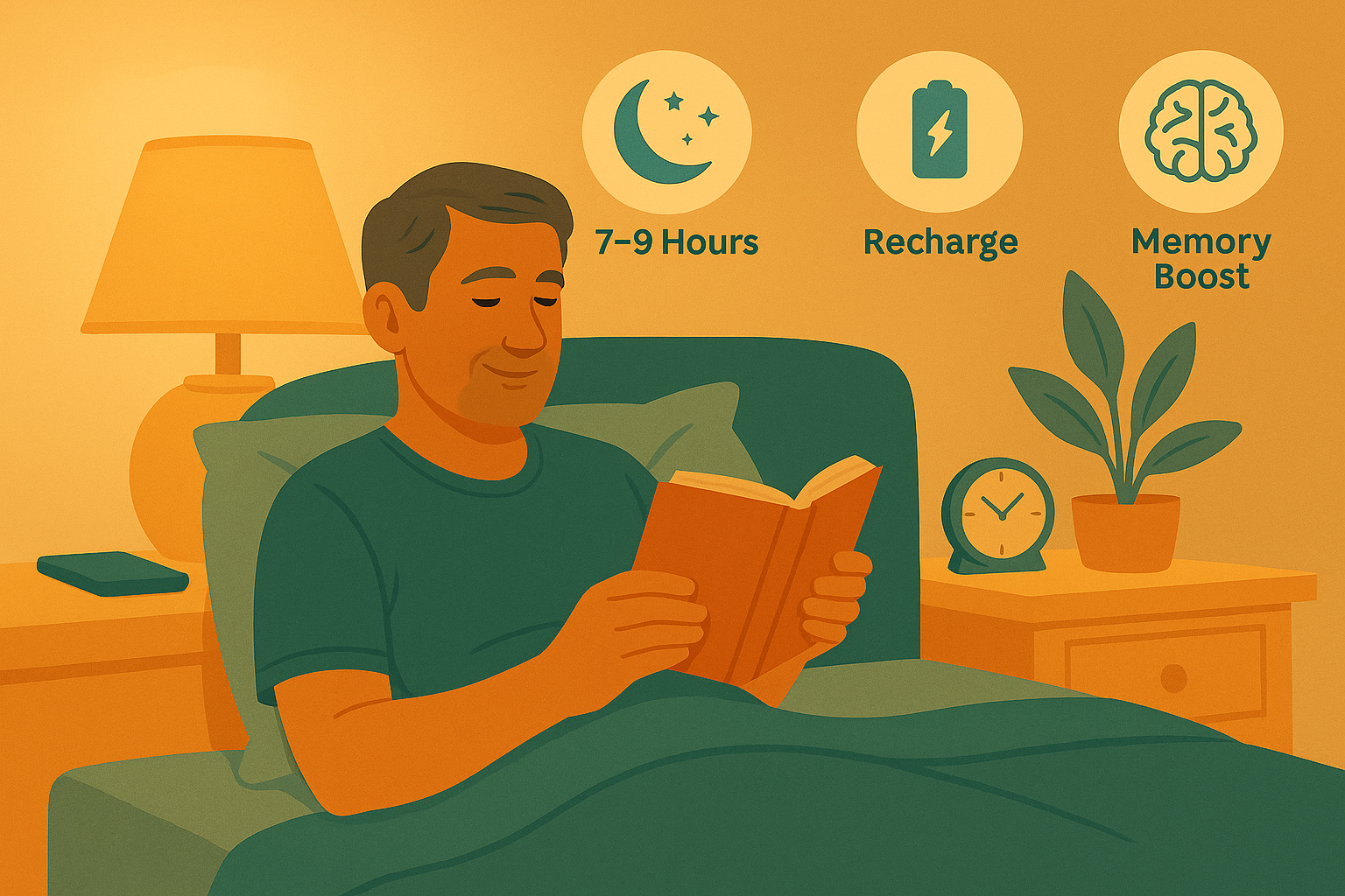 Illustration of a middle-aged man reading in bed under a warm lamp at 10 p.m., with a plant and phone nearby, and icons representing “7–9 Hours,” “Recharge,” and “Memory Boost.”
