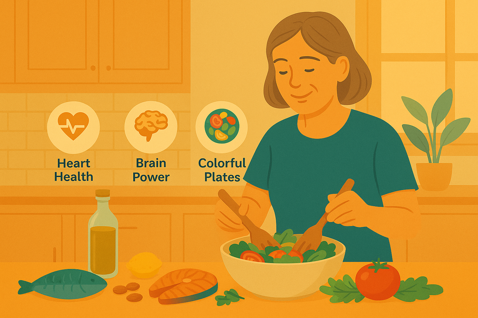 Illustration of a 50-something woman preparing a colorful Mediterranean-style salad in her kitchen, surrounded by fresh foods like olive oil, fish, tomatoes, greens, lemon, and nuts, with icons for “Heart Health,” “Brain Power,” and “Colorful Plates.”