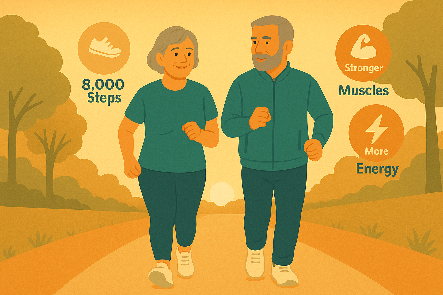 Illustration of an older couple brisk walking on a sunrise trail lined with trees, wearing teal activewear, with small icons reading “8,000 Steps,” “Stronger Muscles,” and “More Energy.”
