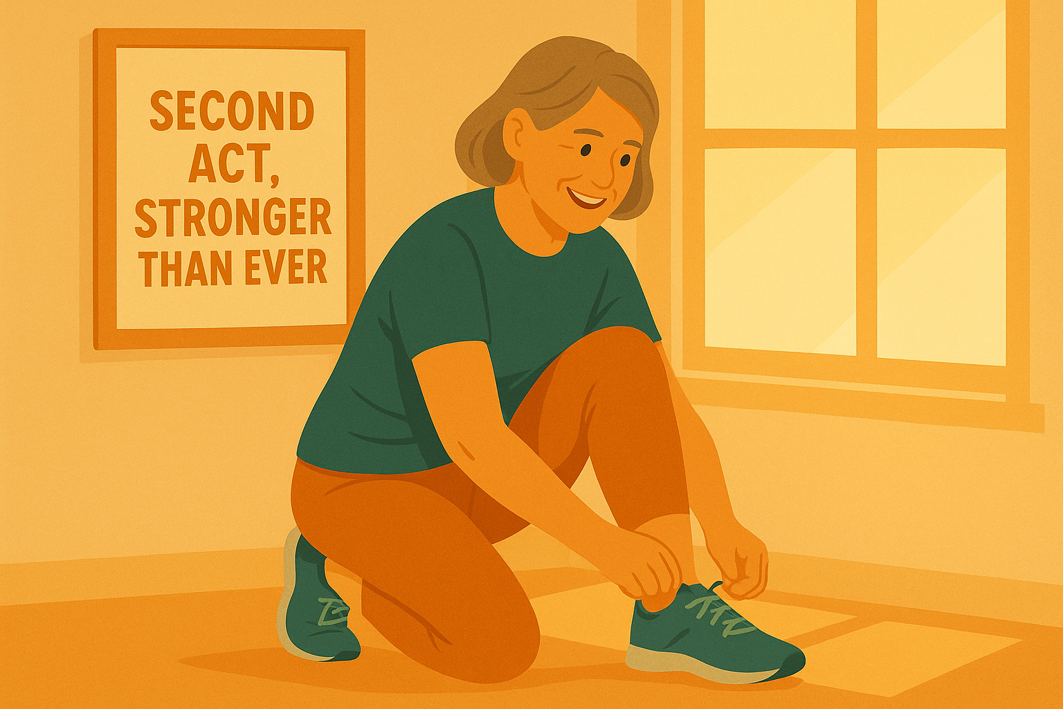 Illustration of a cheerful woman in her 50s tying her sneakers beside a bright window, morning sunlight pouring in, with a framed quote reading “Second Act, Stronger Than Ever.”