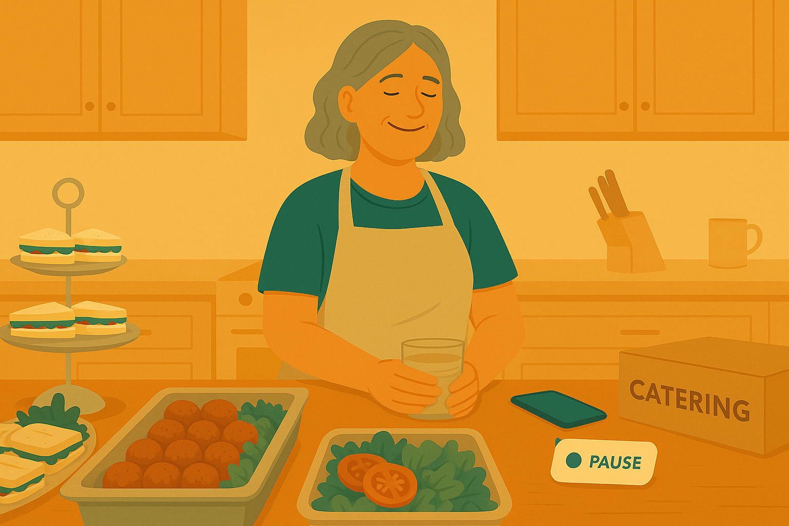 Illustration of a woman sitting near a window enjoying a colorful Mediterranean salad with a glass of water beside her. She pauses with her eyes closed for a short breathing break, surrounded by icons for “Hydrate,” “Refuel,” and “Reset.”