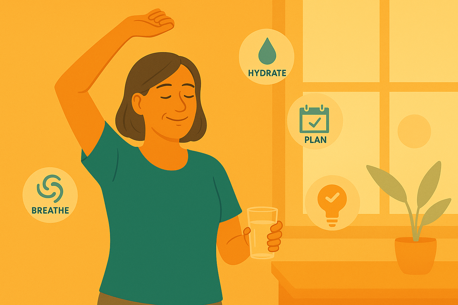 Illustration of a woman in her 50s stretching by a bright window while holding a glass of water. Morning sunlight glows in orange tones as small icons labeled “Breathe,” “Hydrate,” and “Plan” float nearby.