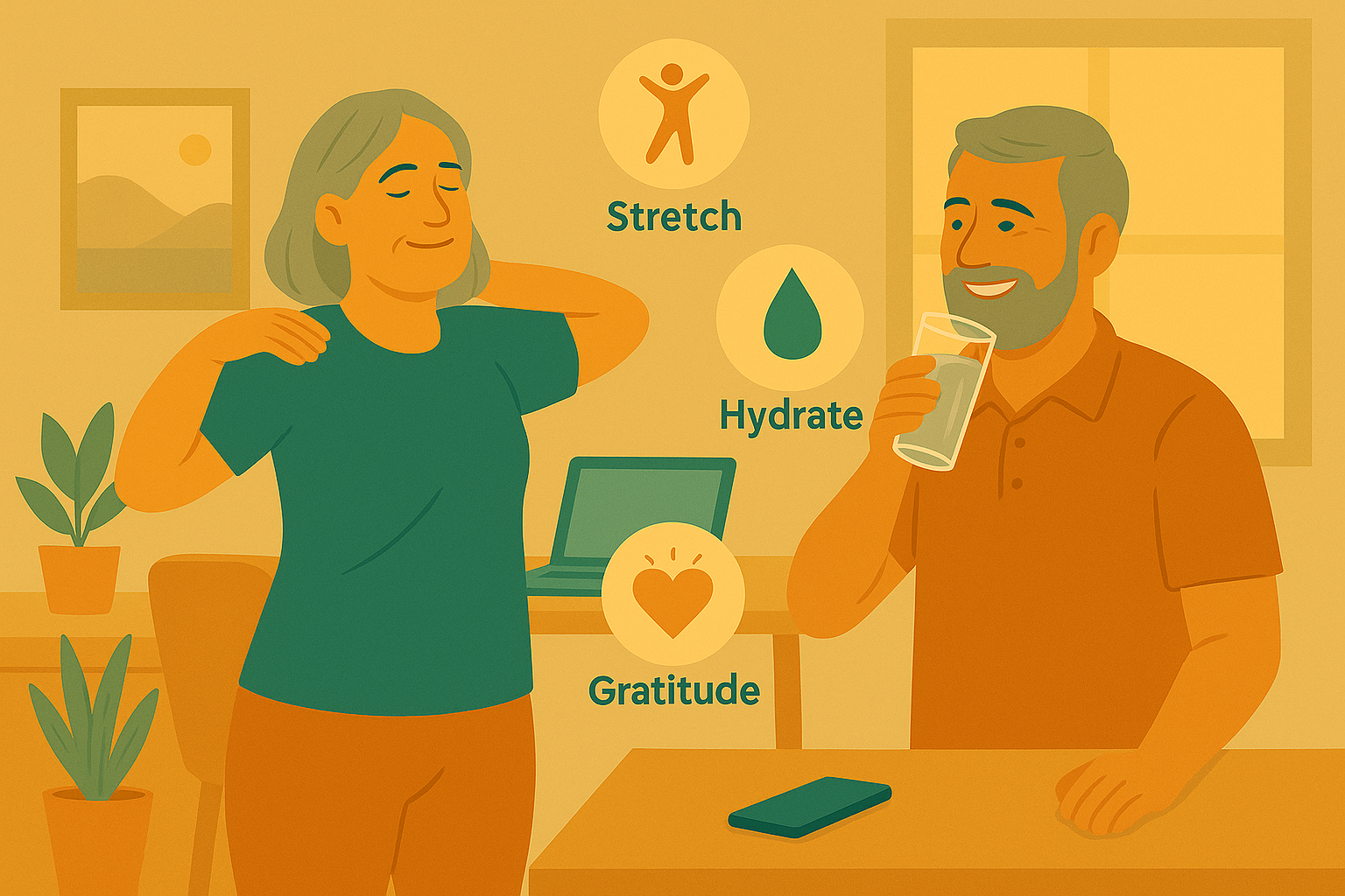Illustration of a man and woman in their 50s taking a quick stretch break in a cozy home office. She’s rolling her shoulders, he’s sipping water, and three floating icons read “Gratitude,” “Stretch,” and “Hydrate.”