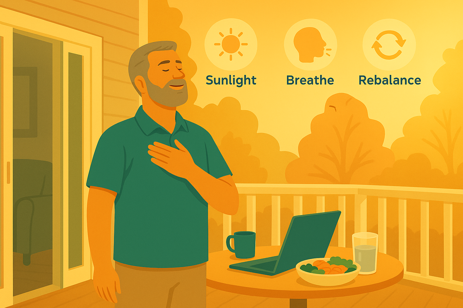 Illustration of a man in his 50s standing on his porch taking a deep breath of fresh air as sunlight hits his face. Behind him sit a laptop and coffee mug, with icons for “Sunlight,” “Breathe,” and “Rebalance.”
