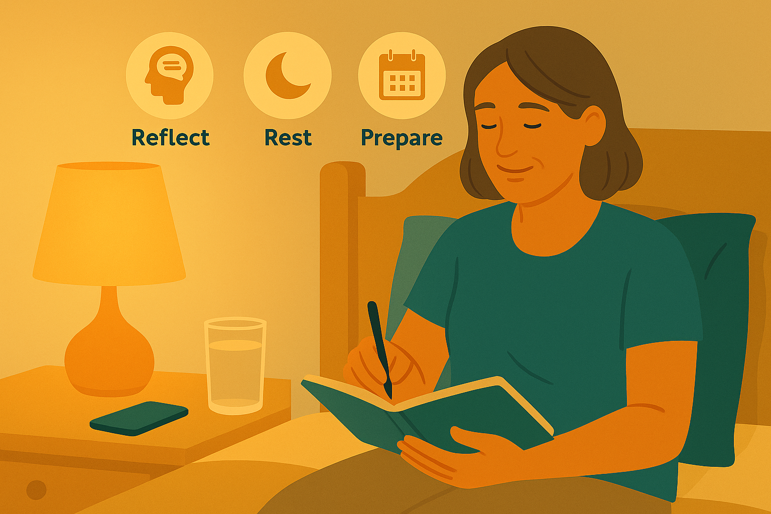 Illustration of a woman in her 50s journaling on her bed at night under the warm glow of a bedside lamp. Her phone is face-down on the nightstand as icons float above her labeled “Reflect,” “Rest,” and “Prepare.”