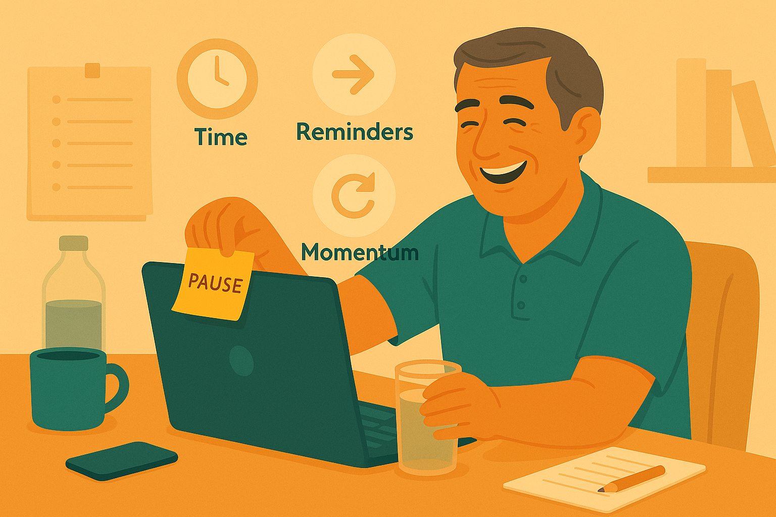 Illustration of a smiling man in his 50s placing a sticky note that says “Pause” on his laptop. His desk shows a coffee mug, water bottle, and to-do list, while icons for “Time,” “Reminders,” and “Momentum” hover nearby.
