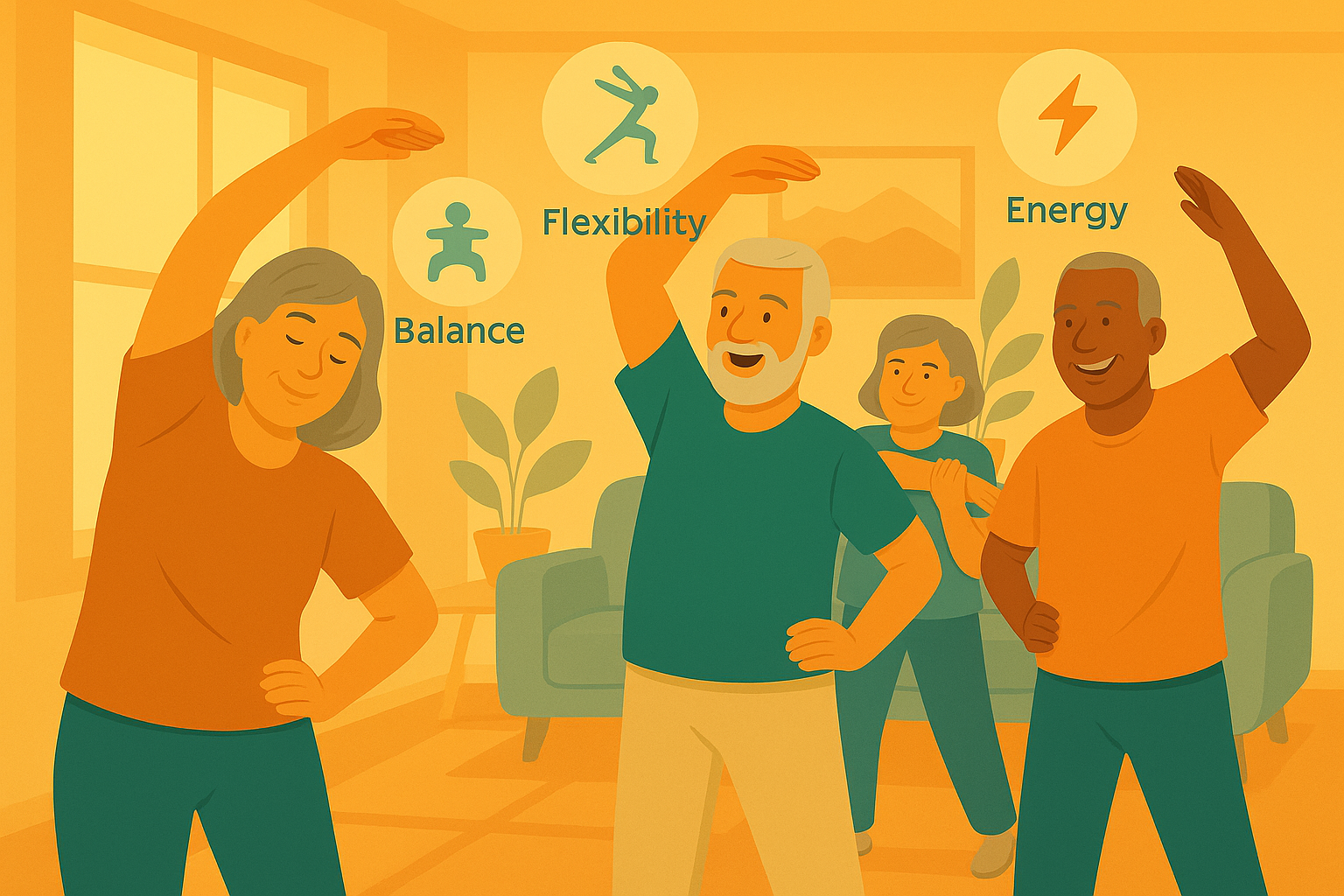 Illustration of a small group of adults in their 50s and 60s doing light stretches together in a sunny living room. Warm orange light and teal accents surround icons for “Balance,” “Flexibility,” and “Energy.”