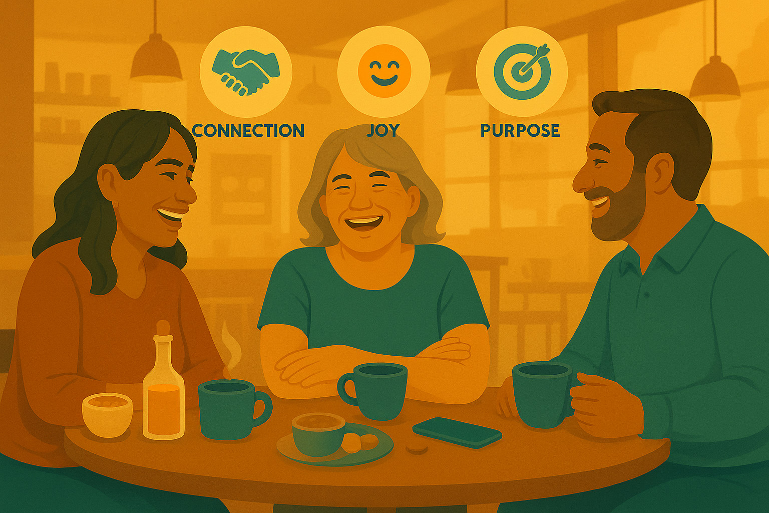 three friends laughing in cafe