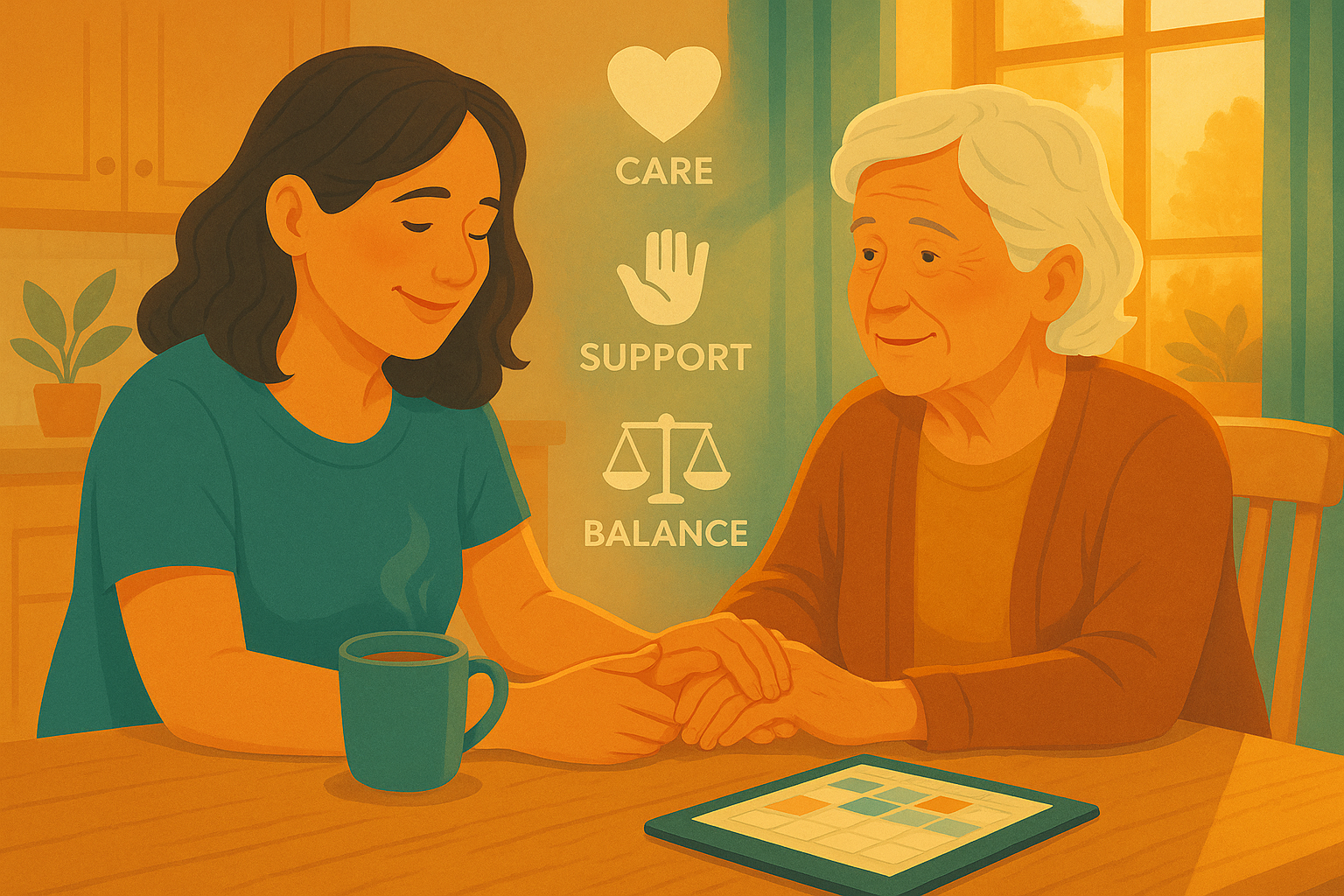 illustration of middle aged woman caring for her mother