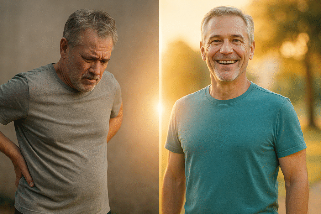 Discover the Easy 15 Minute At Home Routine that Thousands Say Relieves Back Pain split screen iamge of a man in his mid 50's one in pain and the other happy