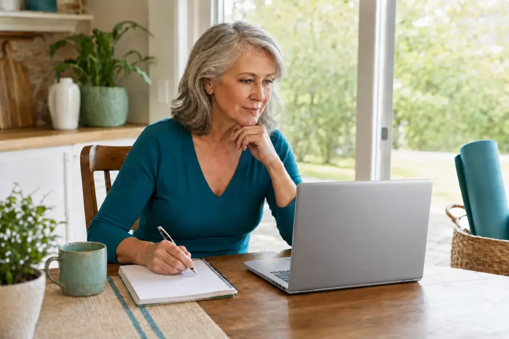 Woman in her 60s comparing online back-pain exercise programs at home