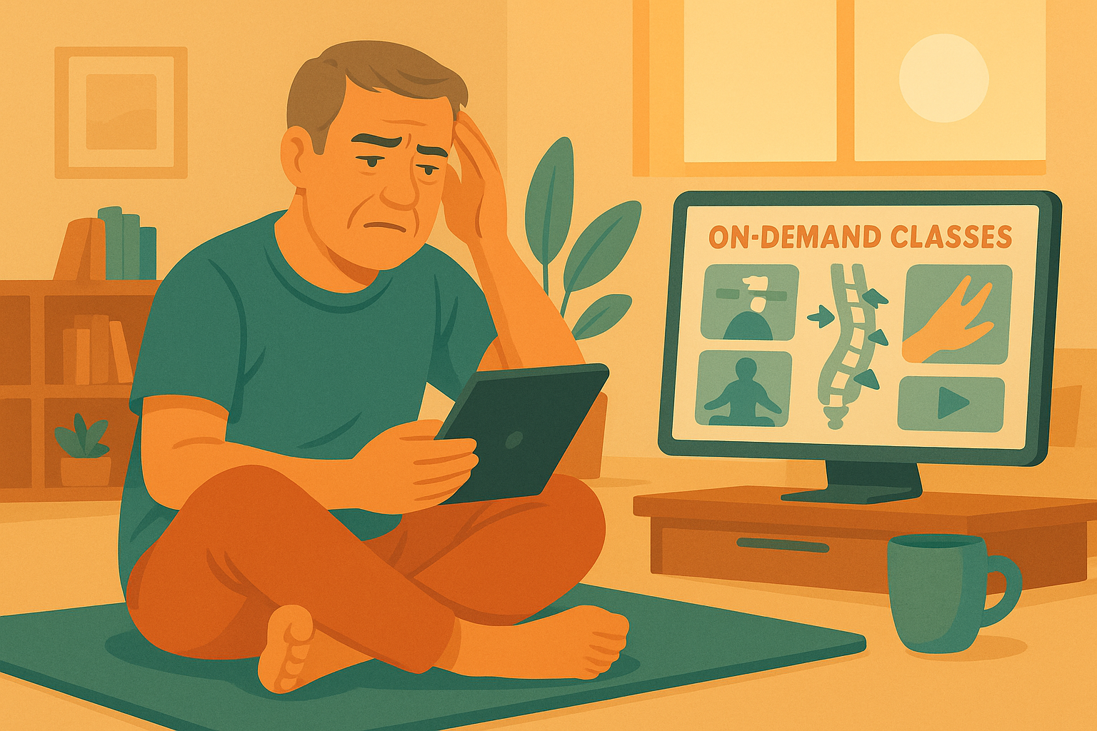 frustrated 57 year old man on the floor looking at his tablet