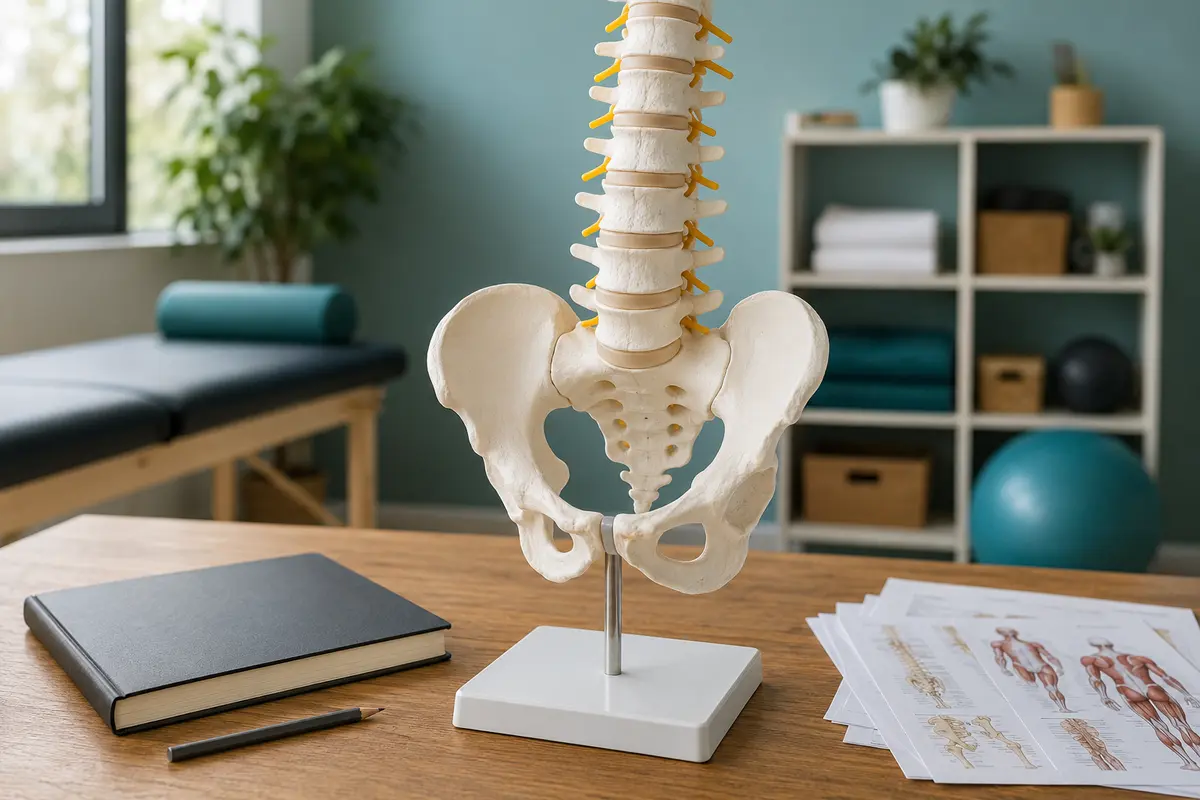 Lumbar spine and pelvis model arranged with anatomy research materials