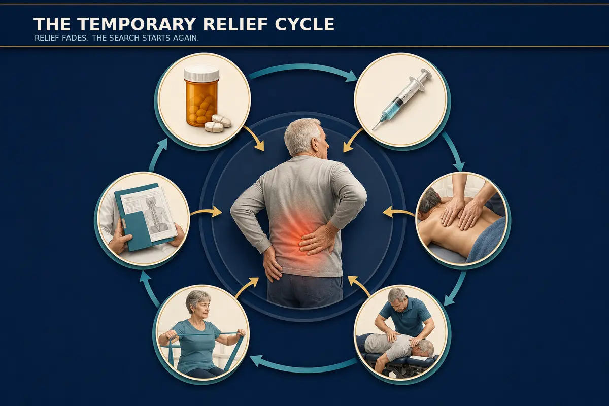 Illustration of a repeating temporary-relief cycle for chronic back pain