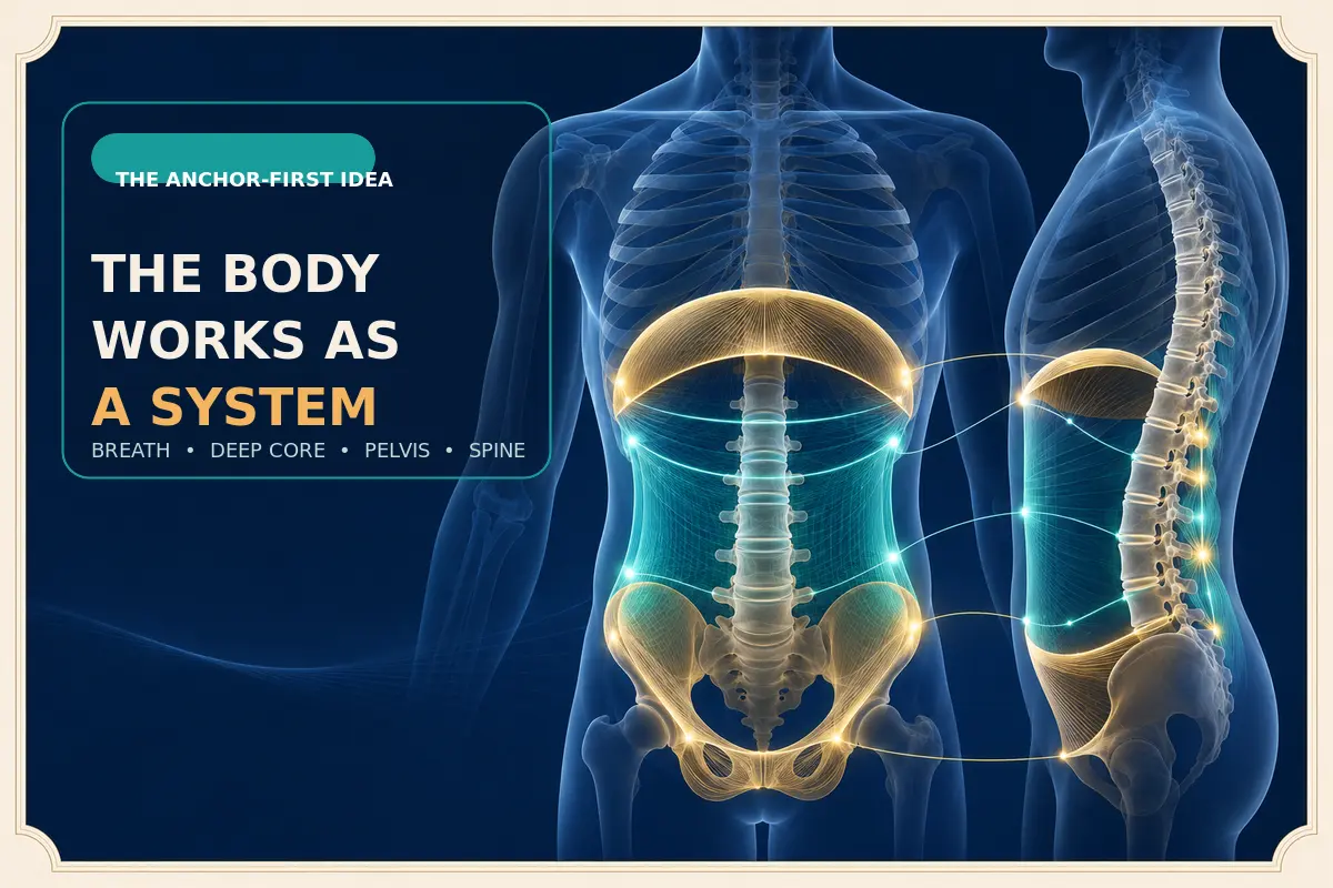Diagram showing breathing, deep-core support, pelvic control, and spinal stability working together