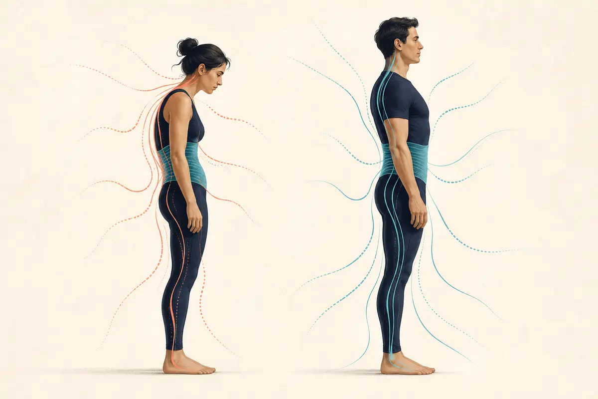 Illustration comparing compensating posture with balanced movement alignment