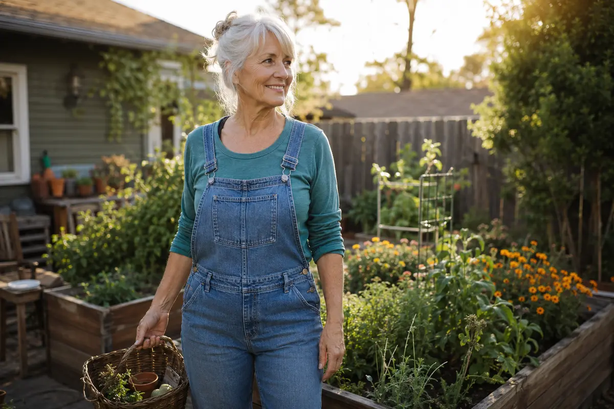 Active woman in her 60s enjoying gardening with comfortable movement