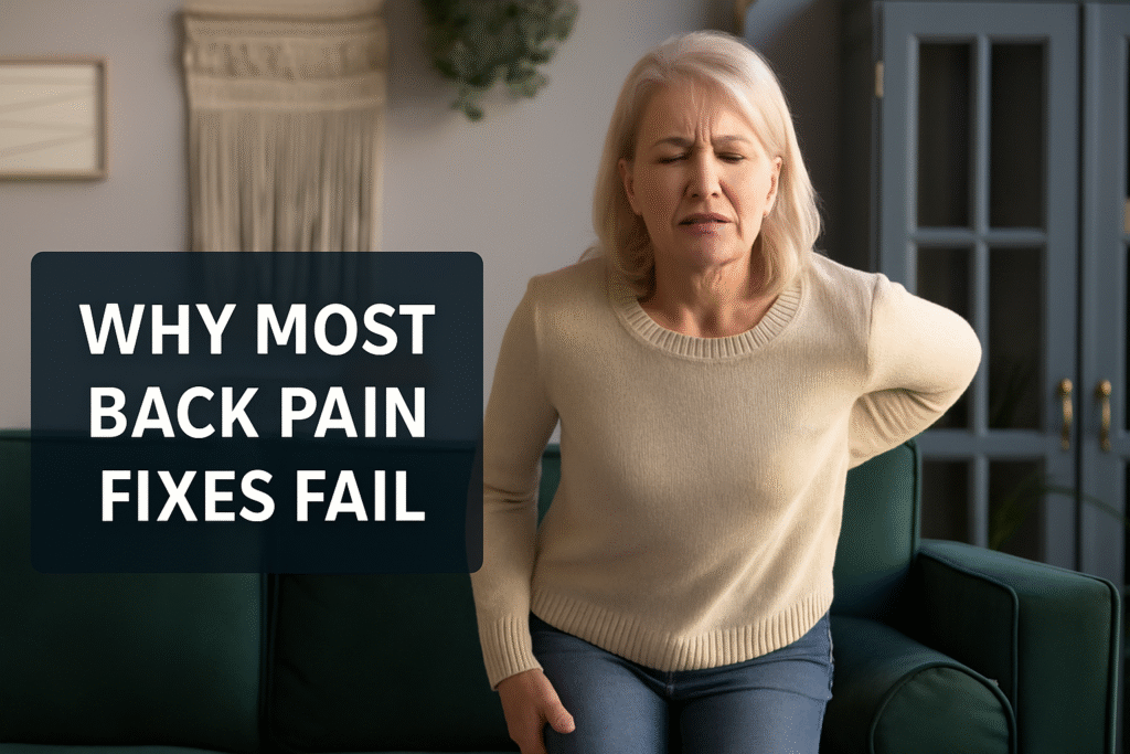 Woman holding her back with text -why most back pain fixes fail"