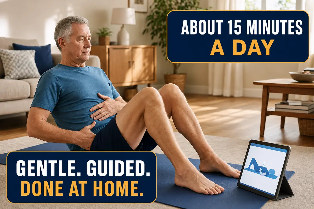 Man in his late sixties following a gentle at-home Core Balance Training routine
