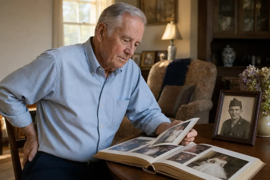 Charlie’s Story – War Couldn’t Break Him But Chronic Back Pain Did Older veteran looking through a family wedding album while quietly coping with chronic back pain.