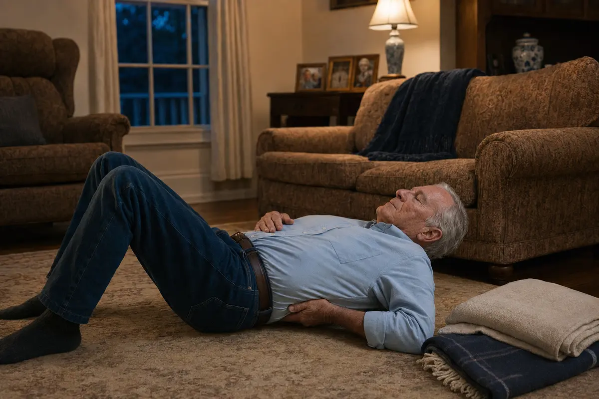 Older man lying carefully on his living-room floor at night while seeking relief from chronic back pain.