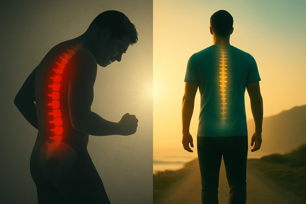 split screen... man on one side in back pain and man on the other pain free